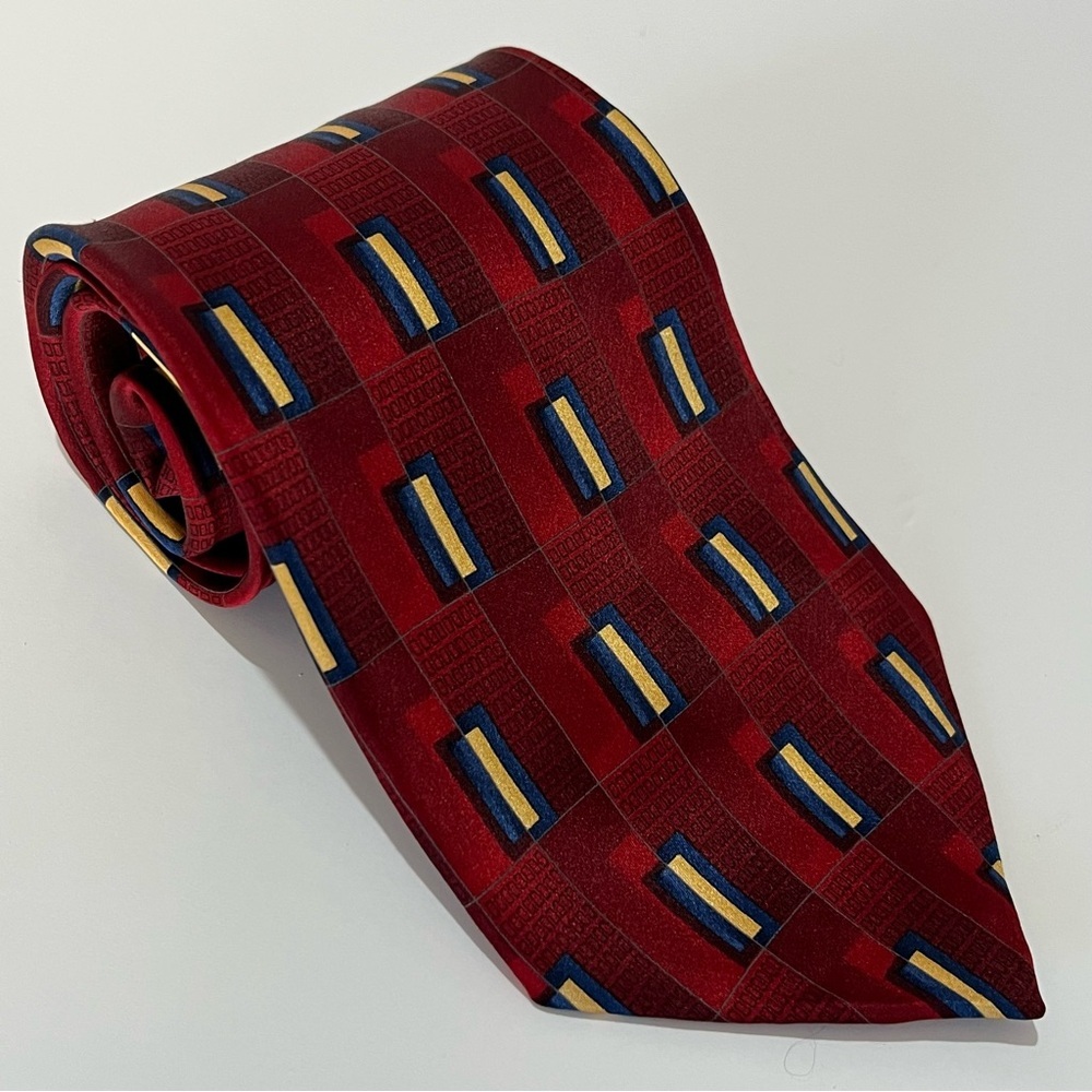 Vintage Van Heusen 100% Silk Tie | Red Yellow Geometric | 4” Wide | 90s Power